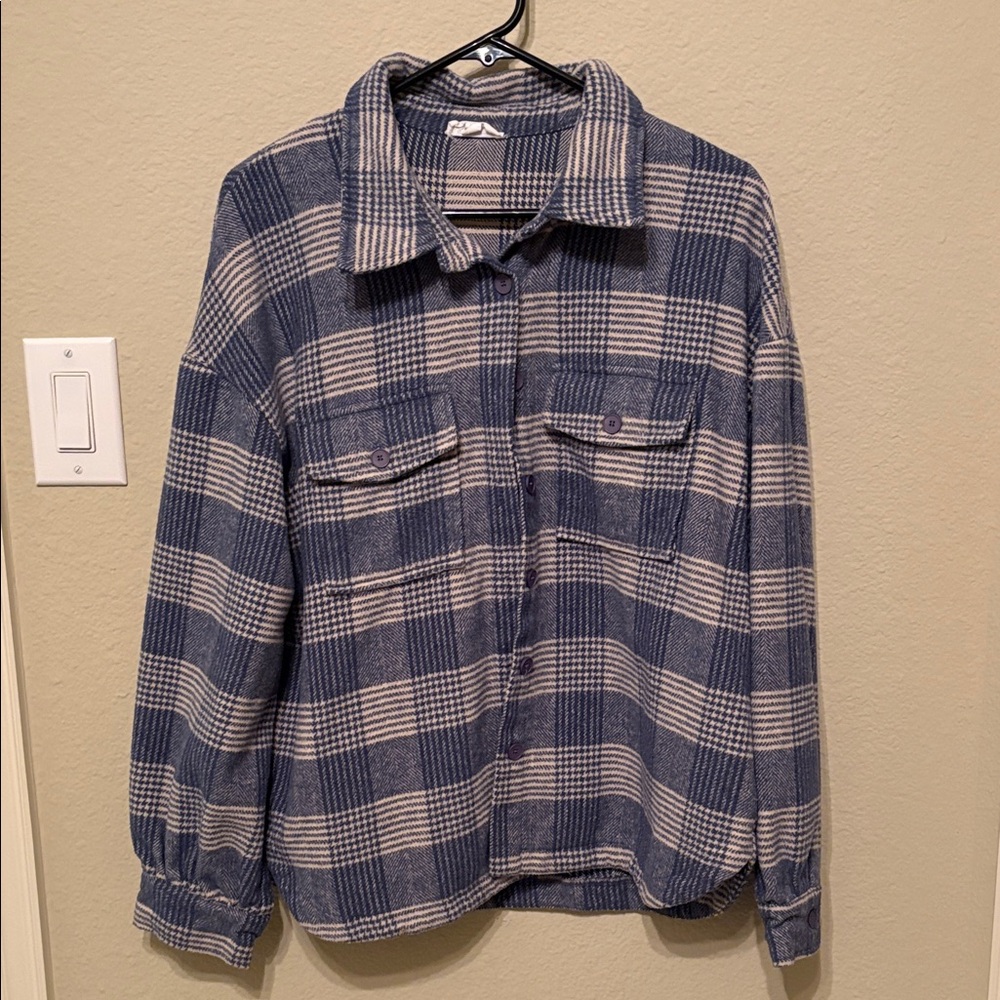 Blue and Cream Plaid Thick Flannel Button-Up Shirt